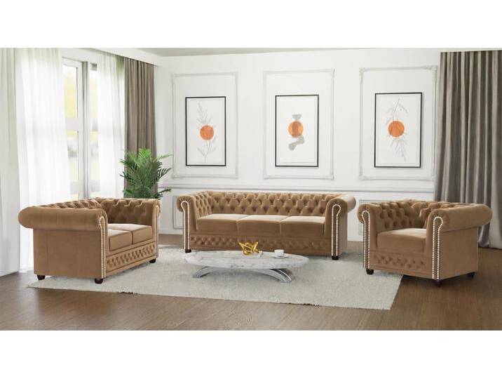 S-Style Möbel Cleo - Chesterfield Polstergarnitur mit Schlaffunktion 3+2+1 aus Samt-Stoff mit Holzfüßen - Beige S-Style Möbel Cleo - Chesterfield Polstergarnitur mit Schlaffunktion 3+2+1 aus Samt-Stoff mit Holzfüßen - Beige von S-Style Möbel