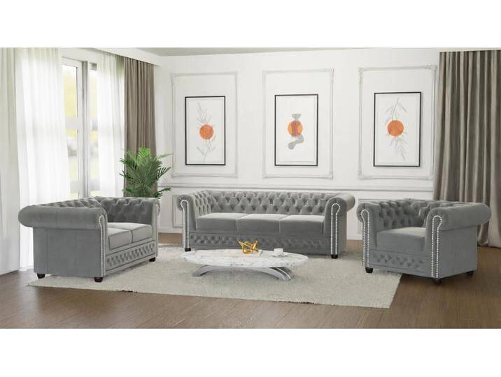 S-Style Möbel Cleo - Chesterfield Polstergarnitur mit Schlaffunktion 3+2+1 aus Samt-Stoff mit Holzfüßen - Grau S-Style Möbel Cleo - Chesterfield Polstergarnitur mit Schlaffunktion 3+2+1 aus Samt-Stoff mit Holzfüßen - Grau von S-Style Möbel