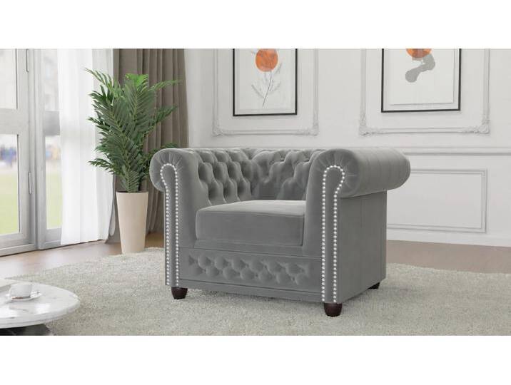 S-Style Möbel Cleo - Chesterfield Sessel aus Samt-Stoff mit Holzfüßen - Grau von S-Style Möbel