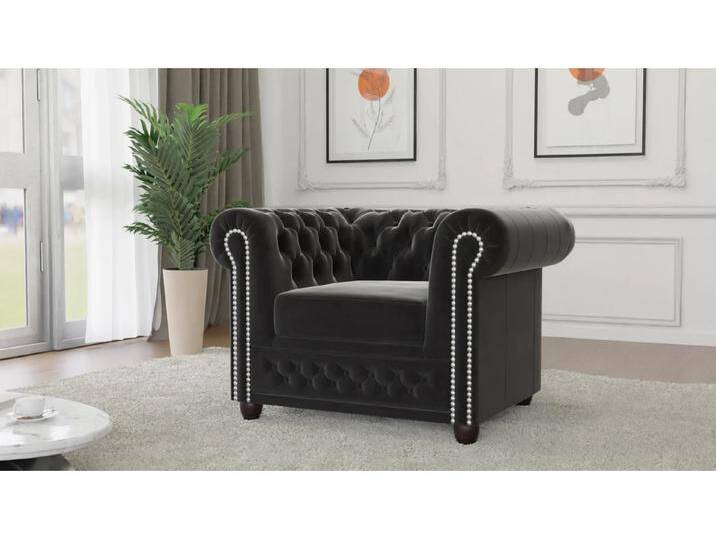 S-Style Möbel Cleo - Chesterfield Sessel aus Samt-Stoff mit Holzfüßen - Schwarz von S-Style Möbel