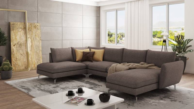 S-Style Möbel Wohnlandschaft Benita mit Silber Metall Füßen, Ottomane links oder rechts bestellbar, mit Wellenfederung von S-Style Möbel