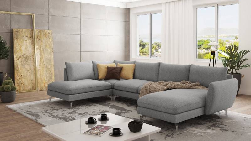 S-Style Möbel Wohnlandschaft Benita mit Silber Metall Füßen, Ottomane links oder rechts bestellbar, mit Wellenfederung von S-Style Möbel