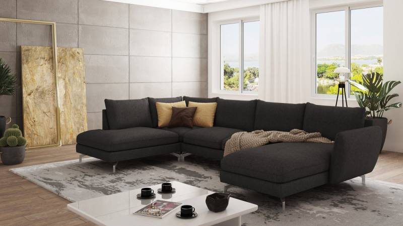 S-Style Möbel Wohnlandschaft Benita mit Silber Metall Füßen, Ottomane links oder rechts bestellbar, mit Wellenfederung von S-Style Möbel