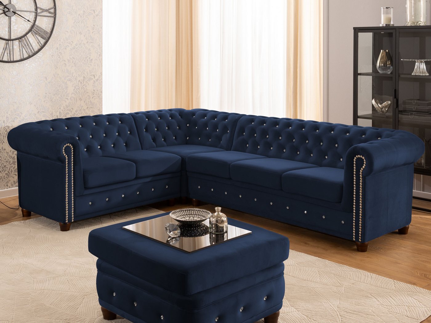 S-Style Möbel Ecksofa Chesterfield L-Form Cleo Blink aus Samt mit Kristallsteppung, mit Wellenfederung von S-Style Möbel