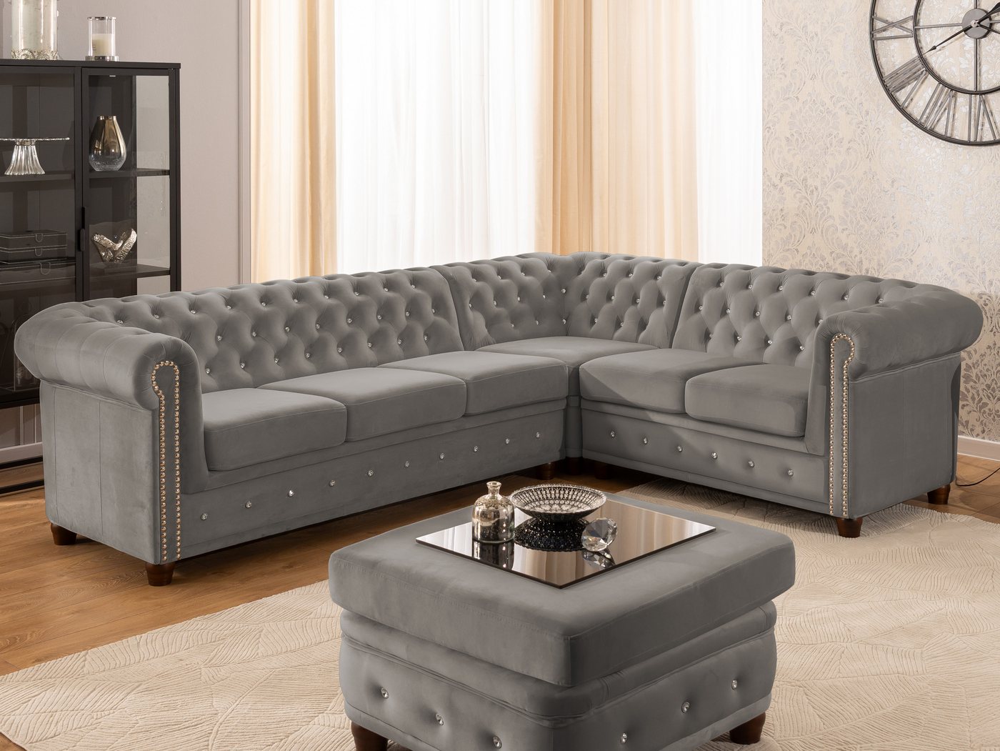 S-Style Möbel Ecksofa Chesterfield L-Form Cleo Blink aus Samt mit Kristallsteppung, mit Wellenfederung von S-Style Möbel