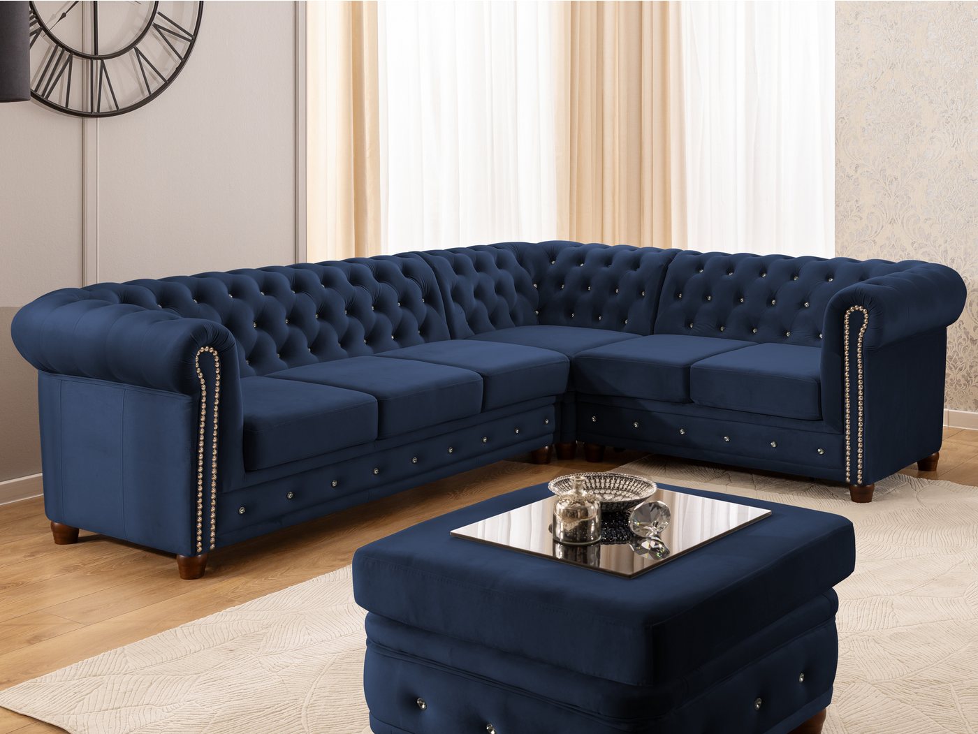 S-Style Möbel Ecksofa Chesterfield mit Schlaffunktion Cleo Blink Samt mit Kristallsteppung, mit Wellenfederung von S-Style Möbel