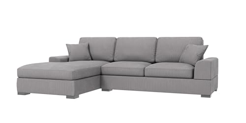 S-Style Möbel Ecksofa Eckcouch Sofa Couch 5 Sitzer L Form Holzfüße Schwarz Cord Stoff Links Kratzfest Freistehend Freya Hellgrau von S-Style Möbel