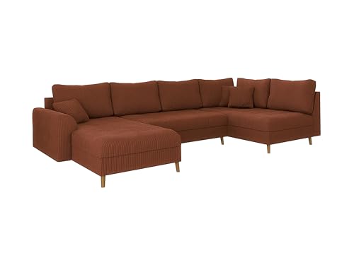 S-Style Möbel Ecksofa Eckcouch Sofa Couch Wohnlandschaft 6 Sitzer U Form Links Kratzfest Massivholzfüße Braun Freistehend Cord Stoff Milo Terrakotta von S-Style Möbel