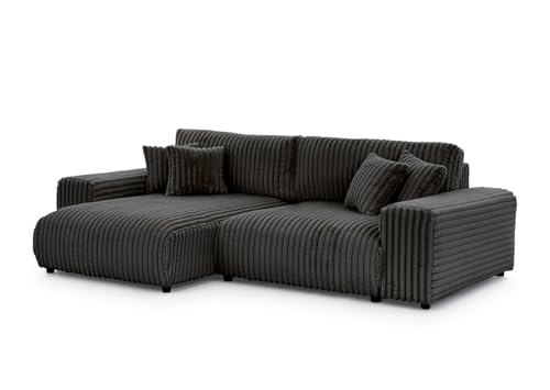 S-Style Möbel Ecksofa Eckcouch - Sofa mit Schlaffunktion - Schlafsofa - 4 Sitzer L Form Links - Schwarze Füße - Plüschcord - Freistehend - Mollis Dunkelgrau von S-Style Möbel