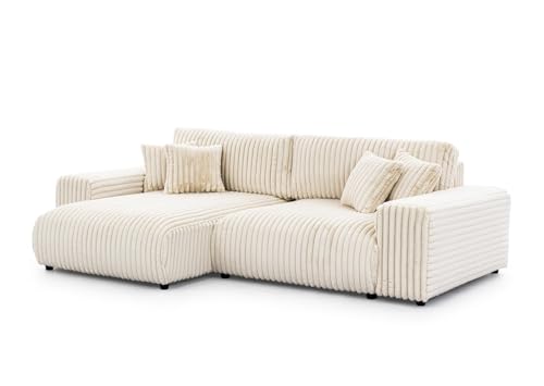 S-Style Möbel Ecksofa Eckcouch - Sofa mit Schlaffunktion - Schlafsofa - 4 Sitzer L Form Links - Schwarze Füße - Plüschcord - Freistehend - Mollis Hellbeige von S-Style Möbel