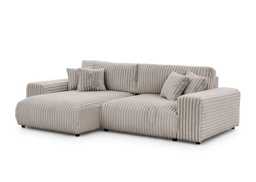 S-Style Möbel Ecksofa Eckcouch - Sofa mit Schlaffunktion - Schlafsofa - 4 Sitzer L Form Links - Schwarze Füße - Plüschcord - Freistehend - Mollis Hellgrau von S-Style Möbel
