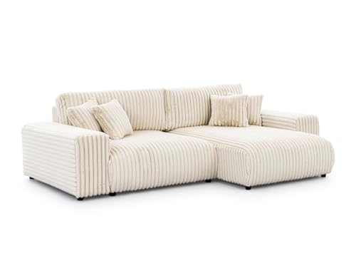 S-Style Möbel Ecksofa Eckcouch - Sofa mit Schlaffunktion - Schlafsofa - 4 Sitzer L Form Rechts - Schwarze Füße - Plüschcord - Freistehend - Mollis Hellbeige von S-Style Möbel