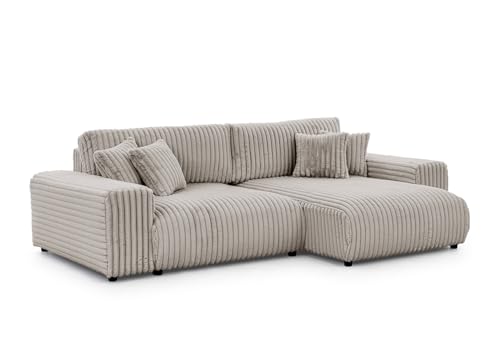 S-Style Möbel Ecksofa Eckcouch - Sofa mit Schlaffunktion - Schlafsofa - 4 Sitzer L Form Rechts - Schwarze Füße - Plüschcord - Freistehend - Mollis Hellgrau von S-Style Möbel