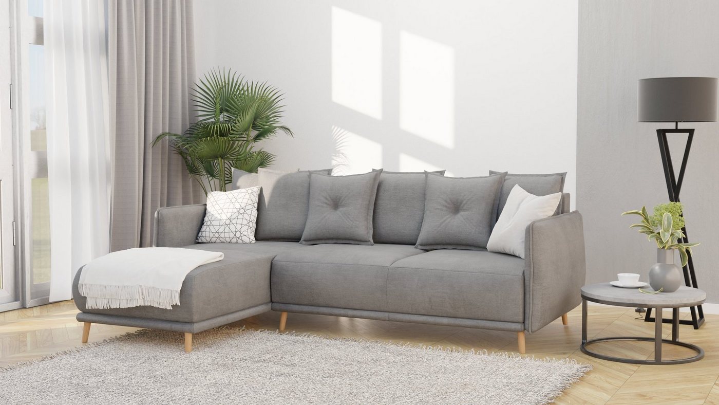 S-Style Möbel Ecksofa Lina mit Bettfunktion und Bettkasten im skandinavischen Design, Ottomane links oder rechts bestellbar, mit Wellenfederung von S-Style Möbel