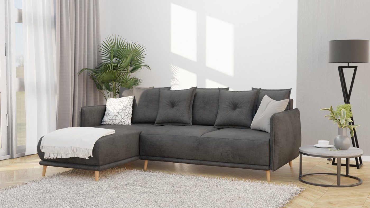 S-Style Möbel Ecksofa Lina mit Bettfunktion und Bettkasten im skandinavischen Design, Ottomane links oder rechts bestellbar, mit Wellenfederung von S-Style Möbel