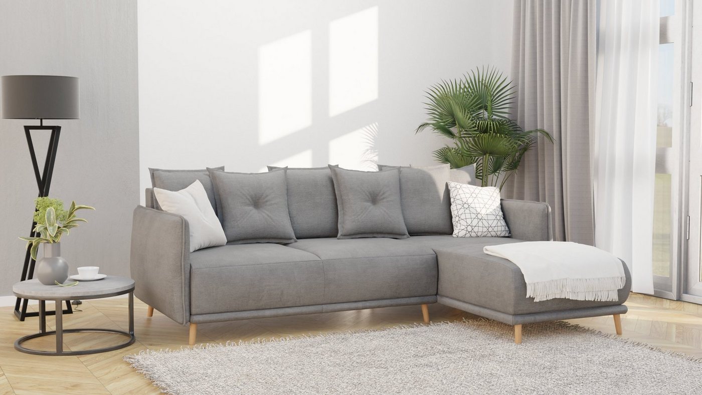 S-Style Möbel Ecksofa Lina mit Bettfunktion und Bettkasten im skandinavischen Design, Ottomane links oder rechts bestellbar, mit Wellenfederung von S-Style Möbel