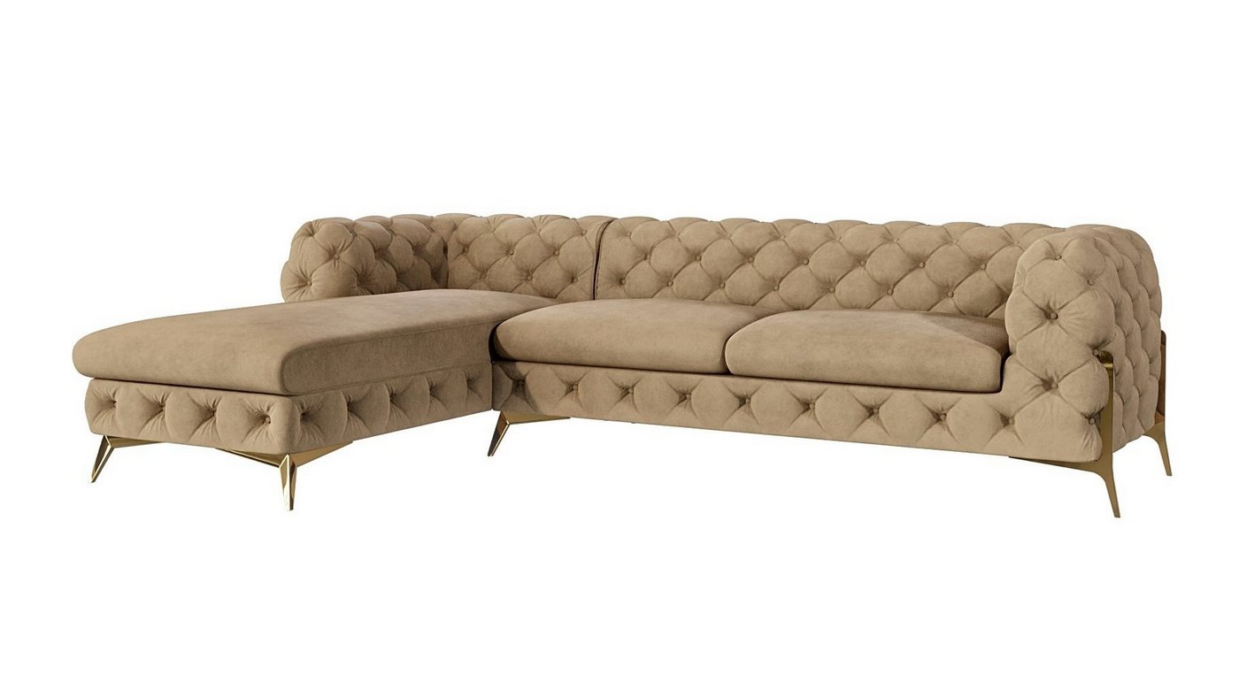 S-Style Möbel Ecksofa mit Ottomane Chesterfield Ashley mit Goldene Metall Füßen, Ottomane links oder rechts bestellbar, mit Wellenfederung von S-Style Möbel