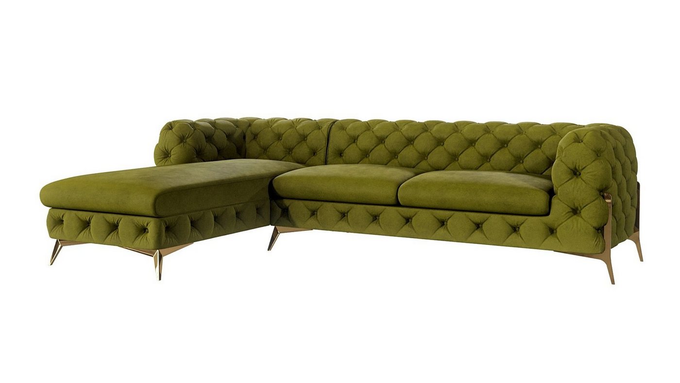 S-Style Möbel Ecksofa mit Ottomane Chesterfield Ashley mit Goldene Metall Füßen, Ottomane links oder rechts bestellbar, mit Wellenfederung von S-Style Möbel