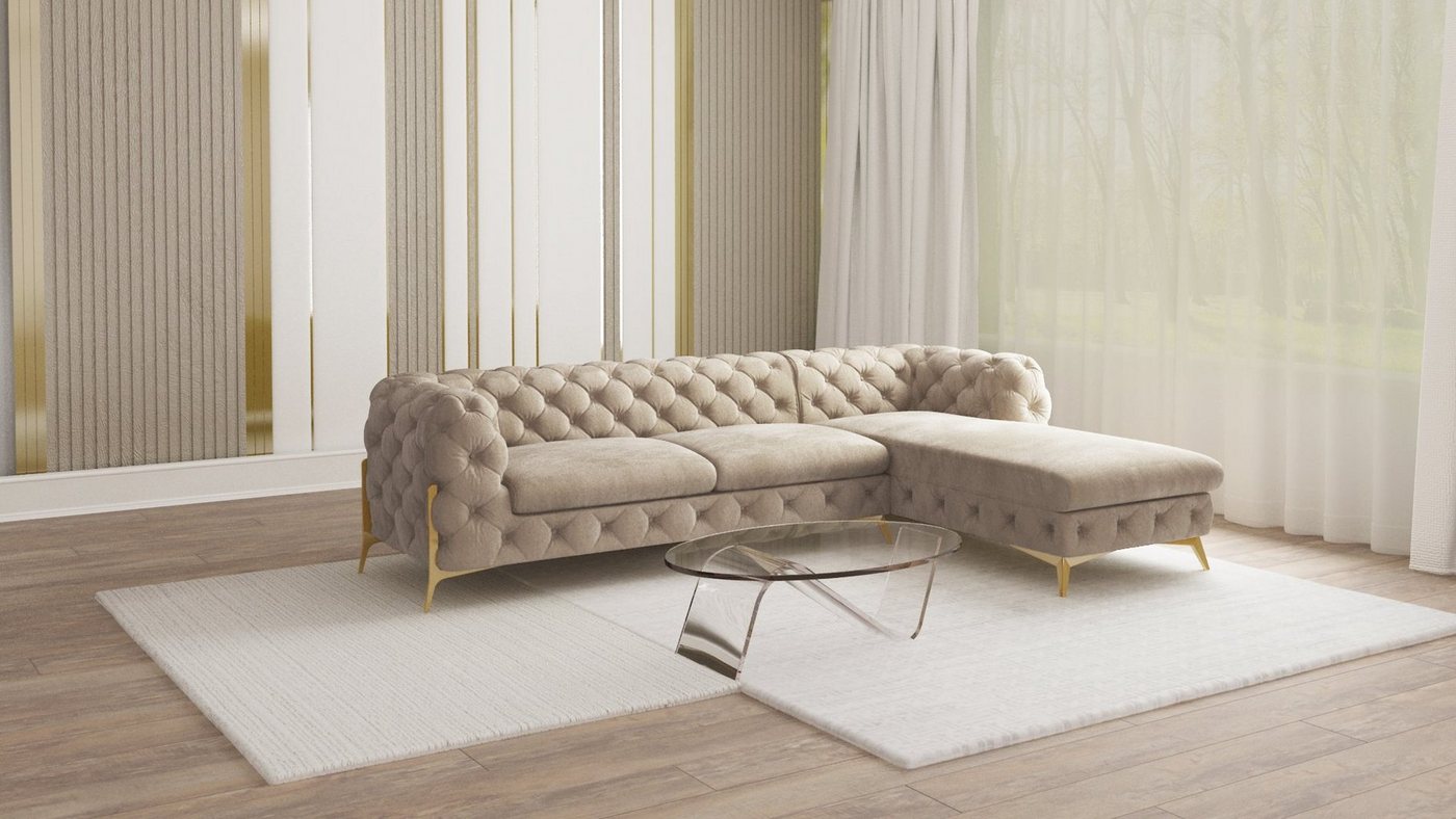 S-Style Möbel Ecksofa mit Ottomane Chesterfield Ashley mit Goldene Metall Füßen, Ottomane links oder rechts bestellbar, mit Wellenfederung von S-Style Möbel