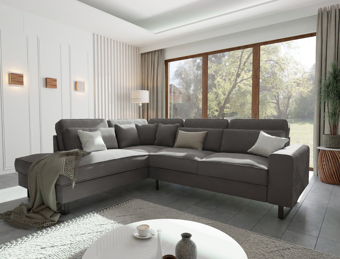 S-Style Möbel Ecksofa Ember mit Ottomane und Schwarz Metall Füßen in Samt-Stoff, Ottomane links oder rechts bestellbar, mit Wellenfederung S-Style Möbel Ecksofa Ember mit Ottomane und Schwarz Metall Füßen in Samt-Stoff, Ottomane links oder rechts bestellbar, mit Wellenfederung von S-Style Möbel