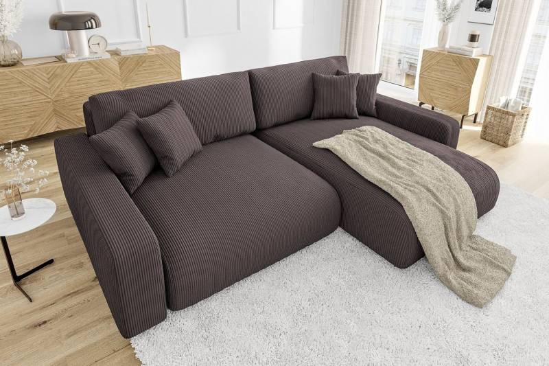 S-Style Möbel Ecksofa Emma mit Bettfunktion in Cord-Stoff, schöner Sitzkomfort, Ottomane links oder rechts bestellbar, mit Wellenfederung von S-Style Möbel