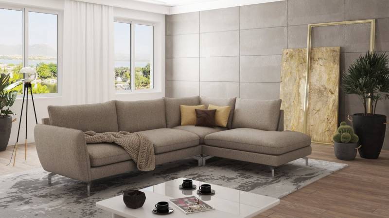 S-Style Möbel Ecksofa Benita mit Silber Metall Füßen, Ottomane links oder rechts bestellbar, mit Wellenfederung von S-Style Möbel