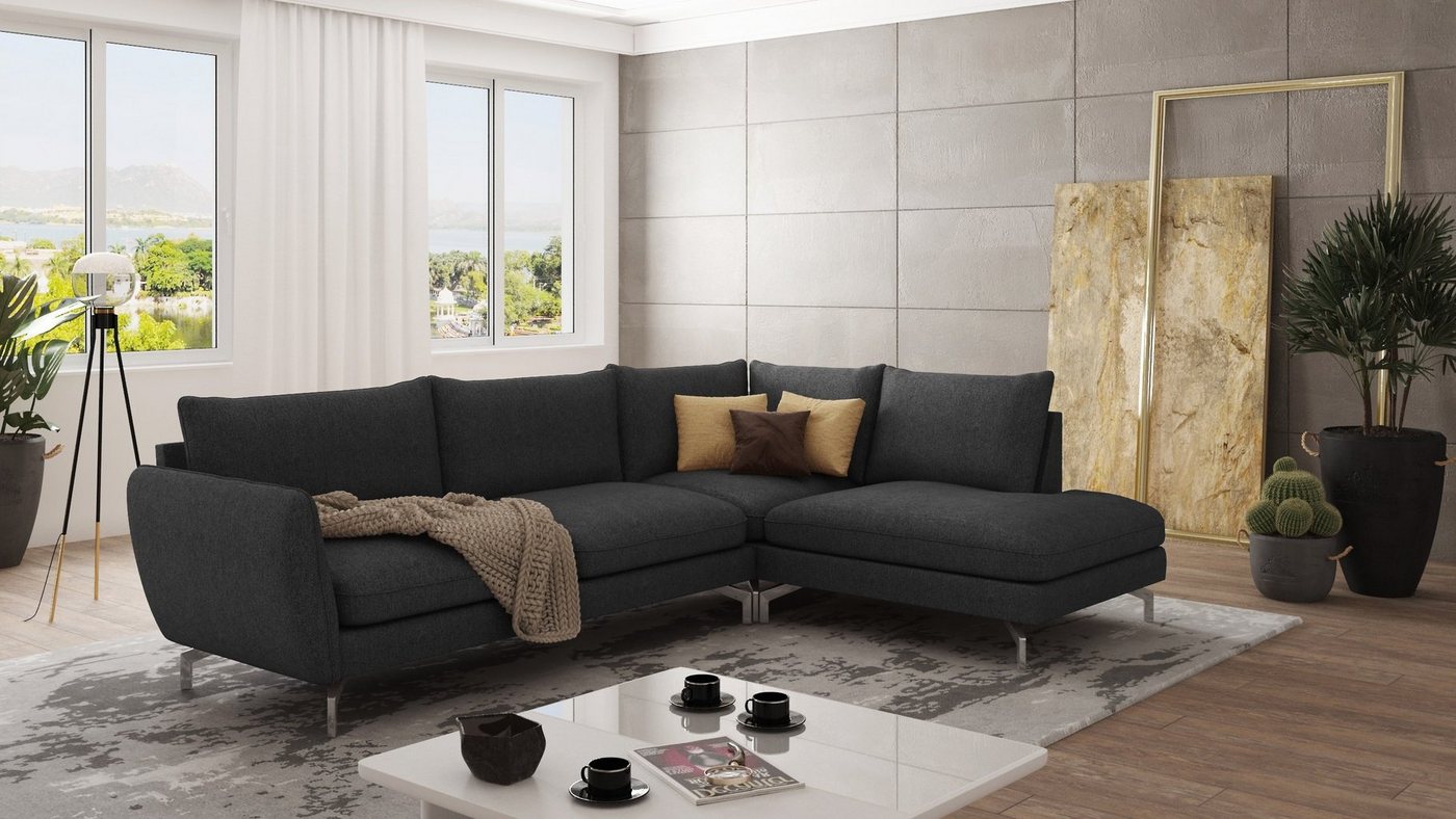 S-Style Möbel Ecksofa Modernes Benita mit Silber Metall Füßen, Ottomane links oder rechts bestellbar, mit Wellenfederung von S-Style Möbel