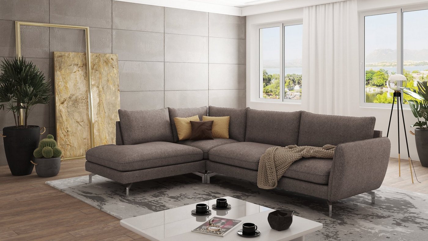 S-Style Möbel Ecksofa Modernes Benita mit Silber Metall Füßen, Ottomane links oder rechts bestellbar, mit Wellenfederung von S-Style Möbel