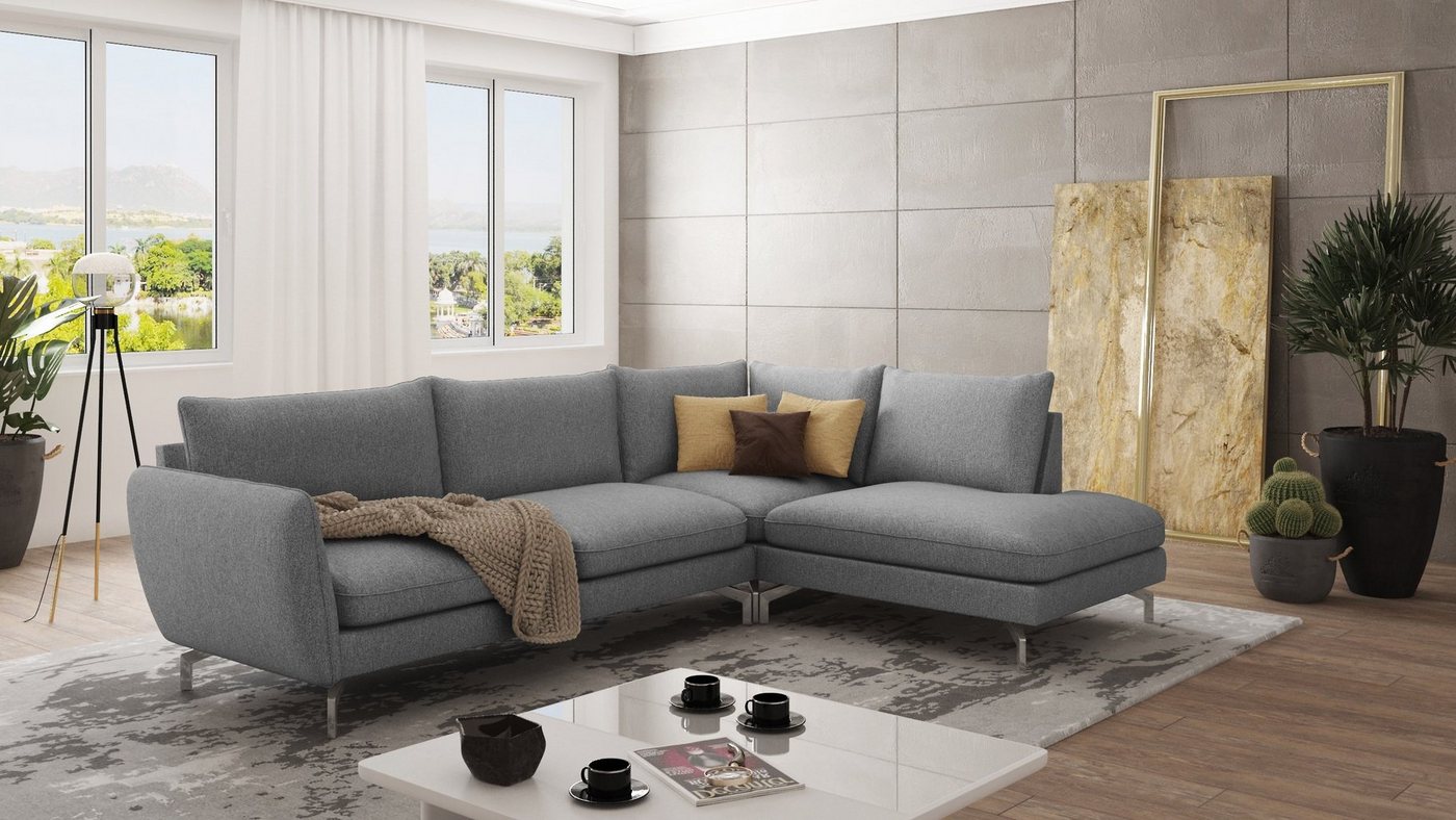 S-Style Möbel Ecksofa Modernes Benita mit Silber Metall Füßen, Ottomane links oder rechts bestellbar, mit Wellenfederung von S-Style Möbel