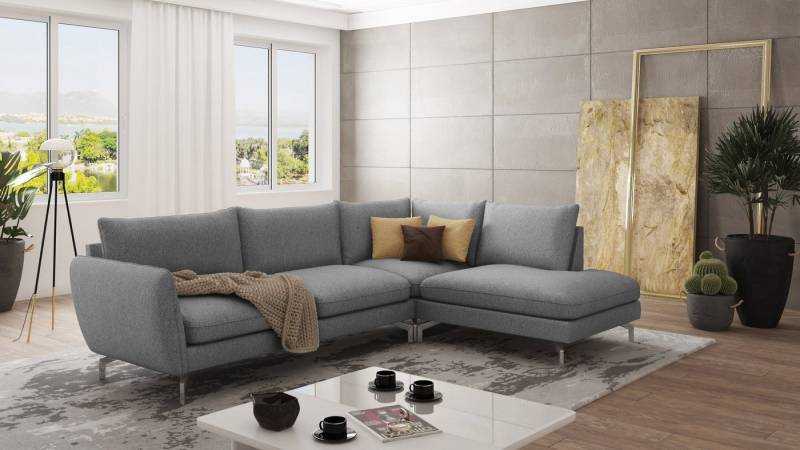 S-Style Möbel Ecksofa Benita mit Silber Metall Füßen, Ottomane links oder rechts bestellbar, mit Wellenfederung von S-Style Möbel