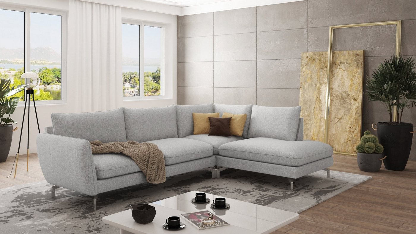 S-Style Möbel Ecksofa Modernes Benita mit Silber Metall Füßen, Ottomane links oder rechts bestellbar, mit Wellenfederung von S-Style Möbel