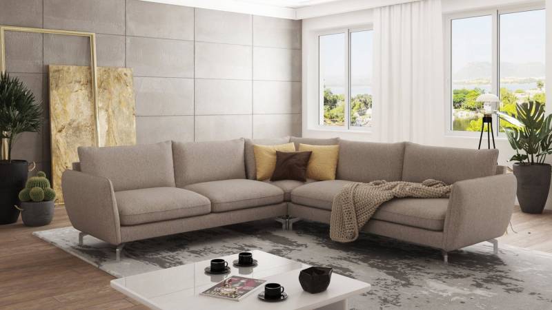 S-Style Möbel Ecksofa Benita mit Silber Metall Füßen, Ottomane links oder rechts bestellbar, mit Wellenfederung von S-Style Möbel
