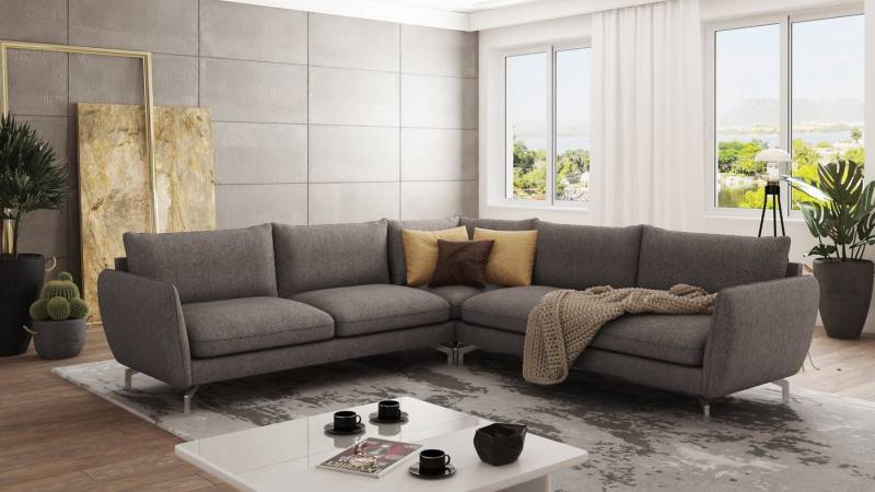 S-Style Möbel Ecksofa Benita mit Silber Metall Füßen, Ottomane links oder rechts bestellbar, mit Wellenfederung von S-Style Möbel