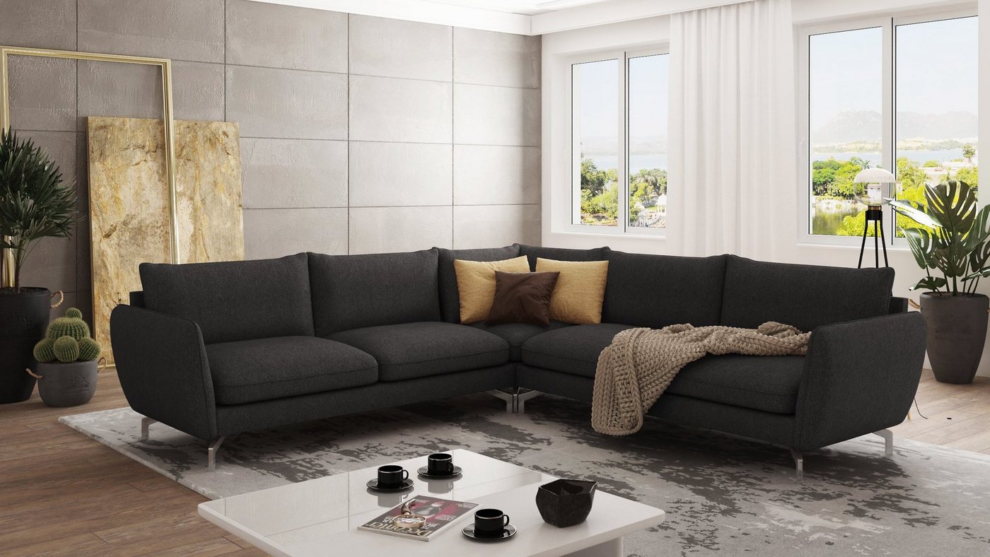 S-Style Möbel Ecksofa Modernes Benita mit Silber Metall Füßen, Ottomane links oder rechts bestellbar, mit Wellenfederung von S-Style Möbel