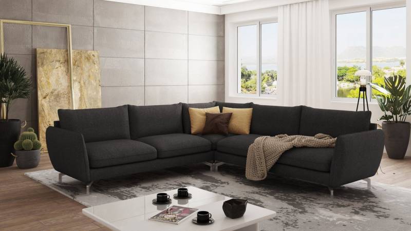 S-Style Möbel Ecksofa Benita mit Silber Metall Füßen, Ottomane links oder rechts bestellbar, mit Wellenfederung von S-Style Möbel