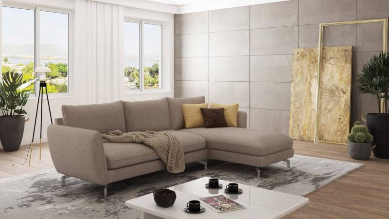 S-Style Möbel Ecksofa Benita mit Silber Metall Füßen, Ottomane links oder rechts bestellbar, mit Wellenfederung von S-Style Möbel