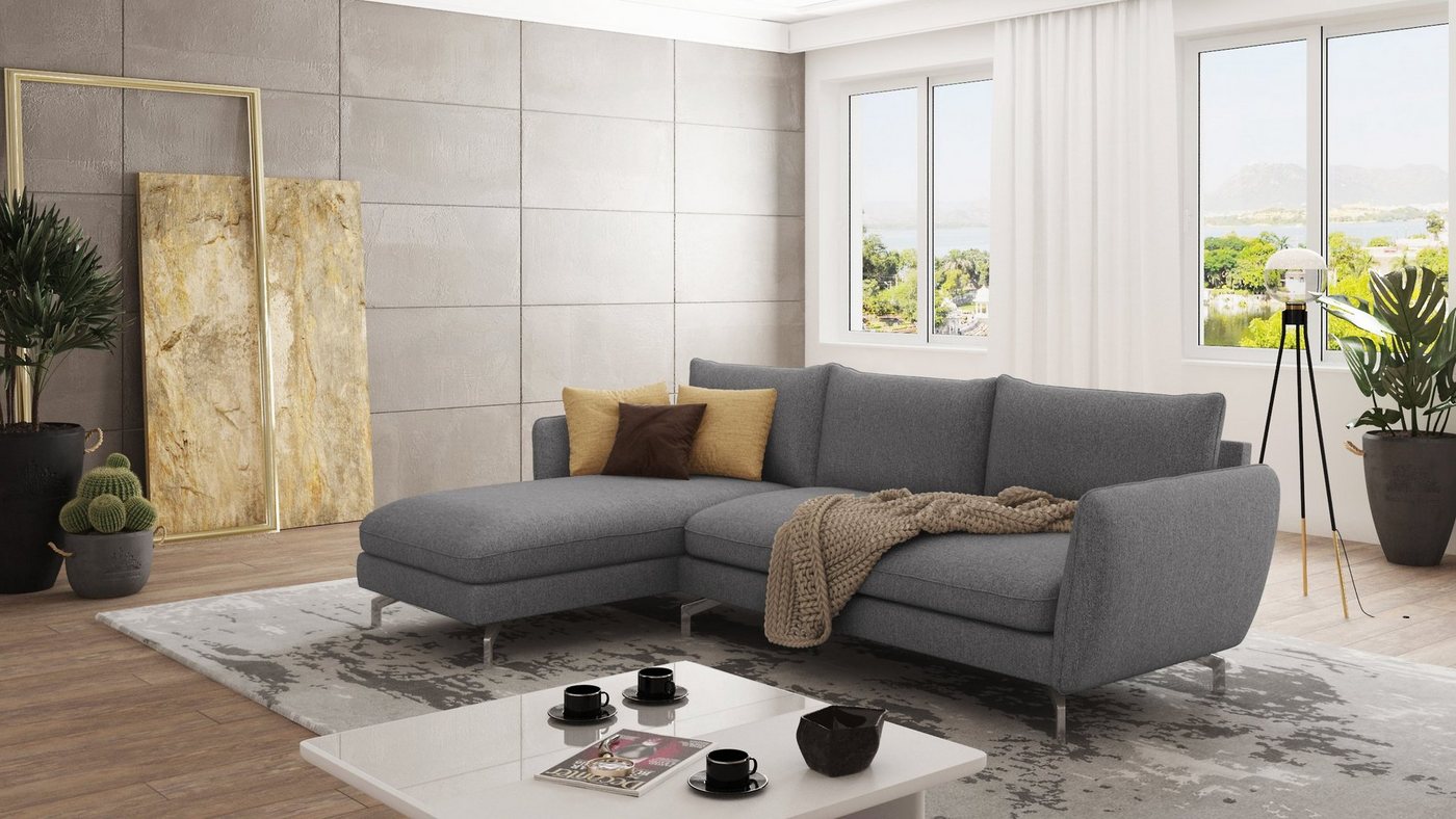 S-Style Möbel Ecksofa Modernes mit Ottomane Benita mit Silber Metall Füßen, Ottomane links oder rechts bestellbar, mit Wellenfederung von S-Style Möbel
