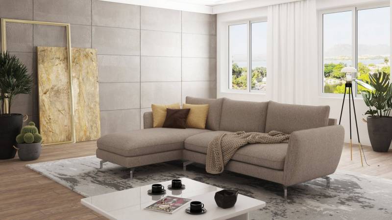 S-Style Möbel Ecksofa Benita mit Silber Metall Füßen, Ottomane links oder rechts bestellbar, mit Wellenfederung von S-Style Möbel