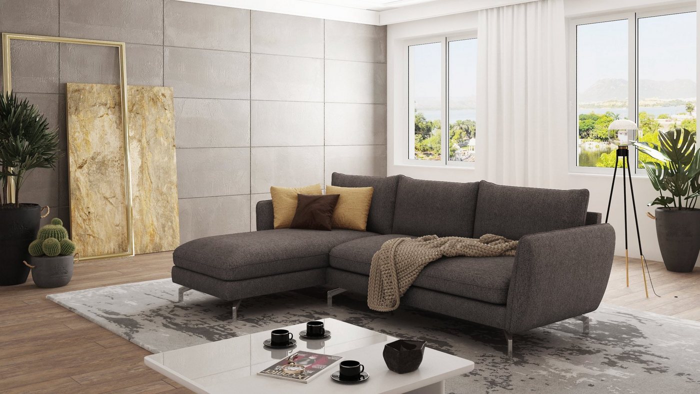 S-Style Möbel Ecksofa Modernes mit Ottomane Benita mit Silber Metall Füßen, Ottomane links oder rechts bestellbar, mit Wellenfederung von S-Style Möbel
