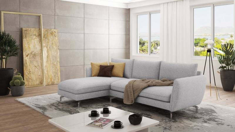 S-Style Möbel Ecksofa Benita mit Silber Metall Füßen, Ottomane links oder rechts bestellbar, mit Wellenfederung von S-Style Möbel