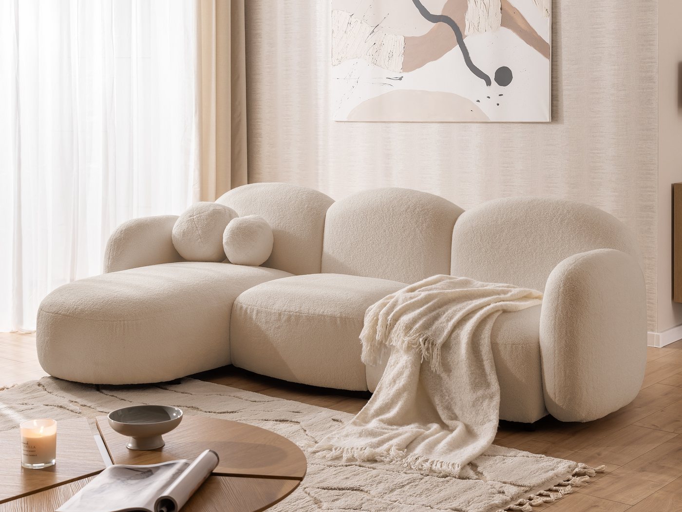 S-Style Möbel Ecksofa Nuvola aus Bouclé-Stoff mit abgerundetem Design und hohem Sitzkomfort, mit Wellenfederung S-Style Möbel Ecksofa Nuvola aus Bouclé-Stoff mit abgerundetem Design und hohem Sitzkomfort, mit Wellenfederung von S-Style Möbel