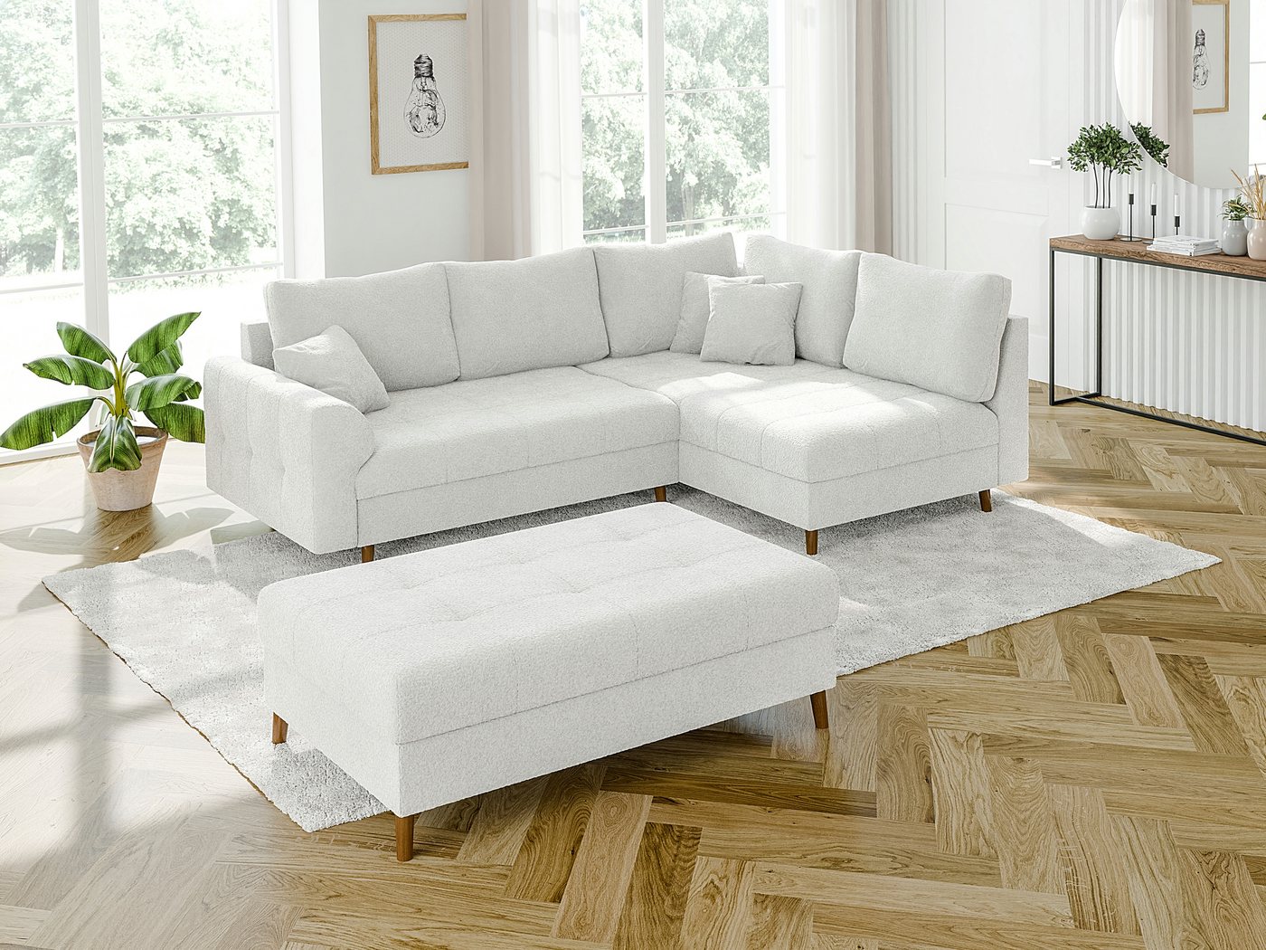 S-Style Möbel Ecksofa Leif mit Schlaffunktion und Hocker, aus Boucle-Stoff, mit Holzfüßen, Ottomane links oder rechts bestellbar. Schlaffunktion in Kombination mit Hocker möglich., mit Wellenfederung S-Style Möbel Ecksofa Leif mit Schlaffunktion und Hocker, aus Boucle-Stoff, mit Holzfüßen, Ottomane links oder rechts bestellbar. Schlaffunktion in Kombination mit Hocker möglich., mit Wellenfederung von S-Style Möbel