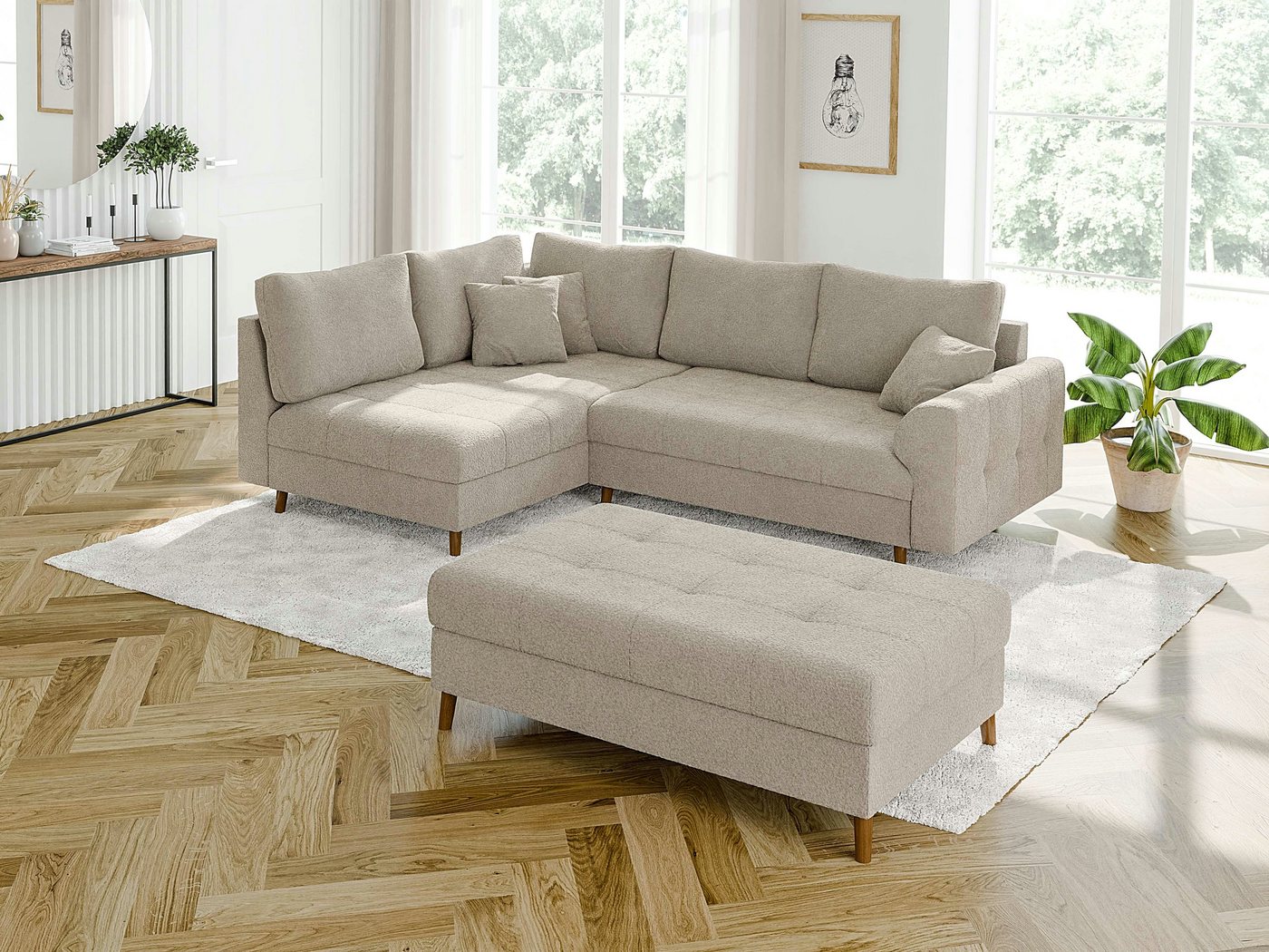 S-Style Möbel Ecksofa Leif mit Schlaffunktion und Hocker, aus Boucle-Stoff, mit Holzfüßen, Ottomane links oder rechts bestellbar. Schlaffunktion in Kombination mit Hocker möglich., mit Wellenfederung S-Style Möbel Ecksofa Leif mit Schlaffunktion und Hocker, aus Boucle-Stoff, mit Holzfüßen, Ottomane links oder rechts bestellbar. Schlaffunktion in Kombination mit Hocker möglich., mit Wellenfederung von S-Style Möbel