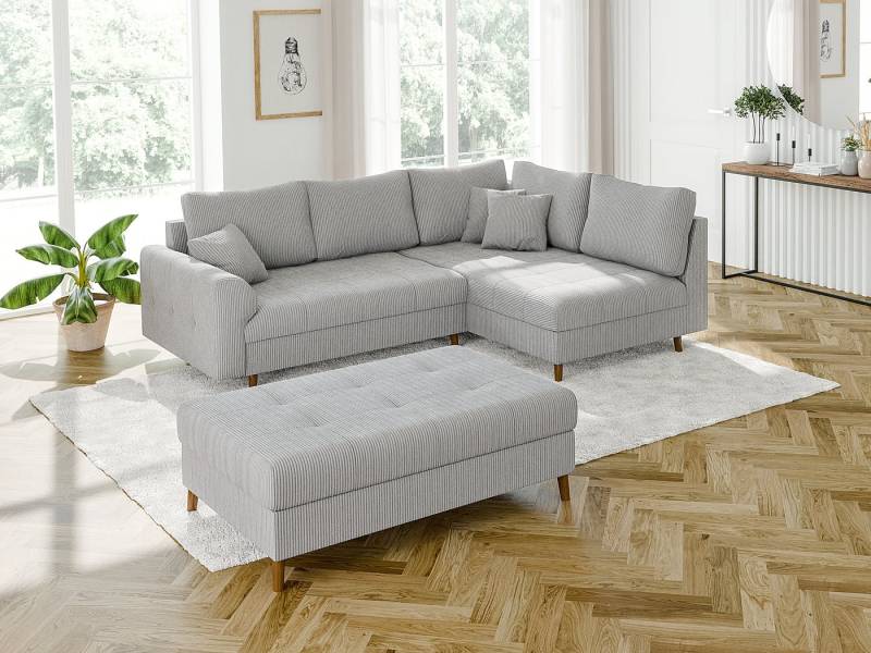 S-Style Möbel Ecksofa und Hocker Zara mit Schlaffunktion und Braun Holzfüßen aus Cord-Stoff, Ottomane links oder rechts bestellbar. Schlaffunktion in Kombination mit Hocker möglich, mit Wellenfederung von S-Style Möbel