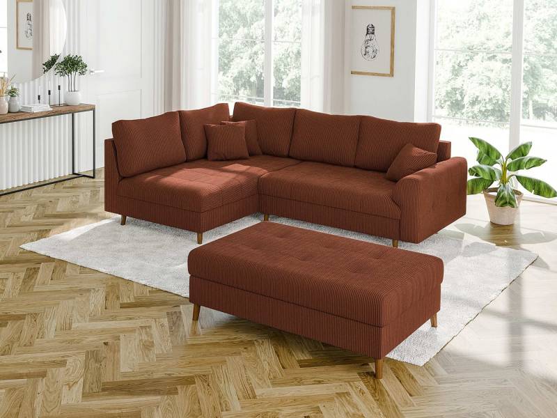 S-Style Möbel Ecksofa und Hocker Zara mit Schlaffunktion und Braun Holzfüßen aus Cord-Stoff, Ottomane links oder rechts bestellbar. Schlaffunktion in Kombination mit Hocker möglich, mit Wellenfederung von S-Style Möbel