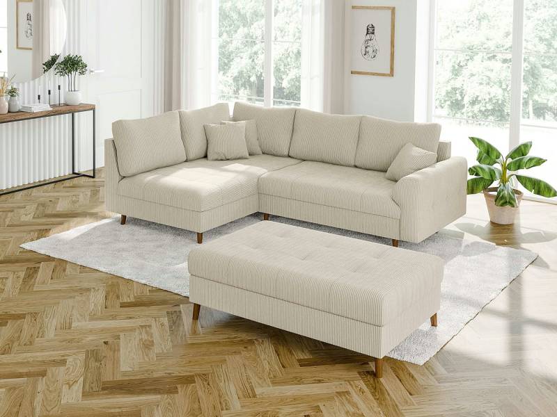 S-Style Möbel Ecksofa und Hocker Zara mit Schlaffunktion und Braun Holzfüßen aus Cord-Stoff, Ottomane links oder rechts bestellbar. Schlaffunktion in Kombination mit Hocker möglich, mit Wellenfederung von S-Style Möbel