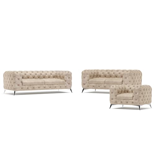 S-Style Möbel Erio Sofagarnitur 3 2 1 Polstergarnitur Chesterfield-Couchgarnitur 3-Sitzer Sofa 225x100x75cm 2-Sitzer Sofa 185x100x75cm Sessel 125x100x75cm Silberne Metallfüße Beige von S-Style Möbel