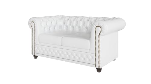 S-Style Möbel George Sofa 2-Sitzer Chesterfield-Sofa Mit Schlaffunktion für Wohnzimmer Couch Aus Veganem Leder Möbel Freistehende Polster Sofas & Couches Couchgarnitur Weiß 148 x 86 x 72 cm von S-Style Möbel