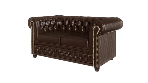 S-Style Möbel George Sofa 2-Sitzer Chesterfield-Sofa Mit Schlaffunktion für Wohnzimmer Lounge Couch Aus Veganem Leder Möbel Freistehende Polster Sofas & Couches Couchgarnitur Braun 148 x 86 x 72 cm von S-Style Möbel