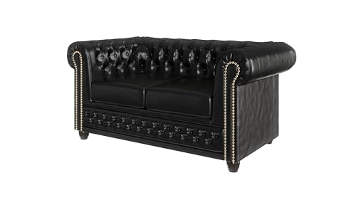 S-Style Möbel George Sofa 2-Sitzer Chesterfield-Sofa Mit Schlaffunktion für Wohnzimmer Lounge Couch Aus Veganem Leder Möbel Freistehende Polster Sofas & Couches Couchgarnitur Schwarz 148 x 86 x 72 cm von S-Style Möbel